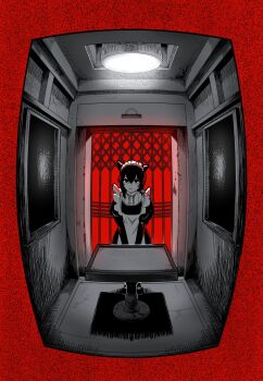 1girl animal_ears apron backlighting between_legs border cat_ears chikyuu_no_ura_(cevio) crossed_bangs crosshatching elevator elevator_door fisheye frilled_apron frills greyscale hair_between_eyes hair_over_shoulder hand_between_legs hatching_(texture) highres juliet_sleeves light light_smile long_sleeves looking_at_viewer maid maid_apron maid_headdress medium_hair monochrome own_hands_together picture_frame puffy_sleeves readybug red_background red_border red_theme solid_eyes solo spot_color static table upper_body