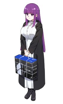 1girl absurdres anachronism black_boots black_coat blunt_bangs boots box brand_name_imitation breasts bright_pupils coat commentary dress english_commentary expressionless fern_(sousou_no_frieren) full_body game_console highres large_breasts long_hair looking_at_viewer nkirii open_clothes open_coat own_hands_together playstation_5 purple_hair simple_background solo sony sousou_no_frieren standing white_background white_dress white_pupils