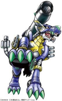 armor blue_armor cyborg digimon digimon_(creature) energy_cannon full_body no_humans non-humanoid_robot official_art red_eyes robot robot_animal sharp_teeth shoulder_cannon simple_background solo teeth white_background wolf z'dgarurumon