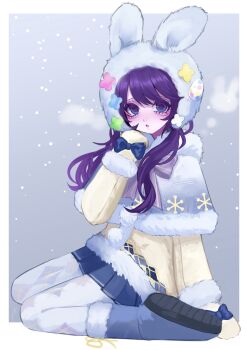 1girl :o aegyo_sal alternate_costume alternate_hairstyle animal_ears animal_hood asahina_mafuyu blue_skirt boots coat commentary_request dress fake_animal_ears fur-trimmed_boots fur-trimmed_coat fur-trimmed_dress fur-trimmed_hood fur-trimmed_jacket fur-trimmed_sleeves fur_trim glove_ribbon gloves hair_between_eyes highres hood jacket jishou_210 long_hair long_sleeves open_mouth project_sekai purple_eyes purple_hair ribbon skirt snow snowflake_print snowing thighhighs twintails white_thighhighs winter winter_clothes yellow_jacket