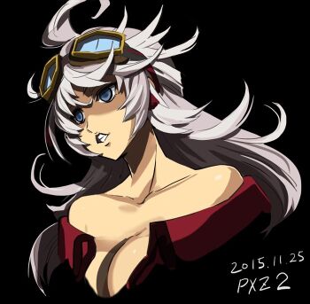 1girl bare_shoulders blue_eyes breasts cleavage collarbone curly_hair goggles goggles_on_head haruyama_kazunori large_breasts long_hair project_x_zone project_x_zone_2 simple_background solo urashima_chizuru white_hair