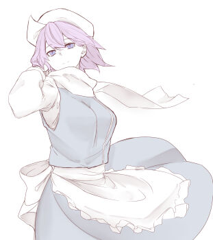 1girl blue_eyes blue_vest highres kanaria_(bcomn) lapel_pin letty_whiterock long_sleeves medium_hair purple_hair scarf shirt solo touhou triangular_headpiece vest white_background white_scarf white_shirt