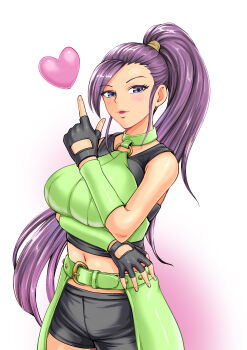 Rule 34 | 1girl, absurdres, arm guards, arm under breasts, asymmetrical bangs, bad proportions, belt, bike shorts, black gloves, black shorts, black tank top, breasts, bustier, commentary request, cowboy shot, dragon quest, dragon quest xi, fingerless gloves, gloves, gradient background, green belt, green bustier, heart, high ponytail, highres, index finger raised, large breasts, looking at viewer, martina (dq11), naito haruto, navel, o-ring, o-ring top, pink background, ponytail, puckered lips, purple eyes, purple hair, shorts, solo, tank top, white background