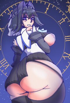 1girl areola_slip ass blue_eyes blue_hair breasts clock curvy detached_sleeves eyebrows_hidden_by_hair from_behind garter_straps hair_ornament highres hololive hololive_english huge_ass large_breasts looking_at_viewer looking_back ouro_kronii ouro_kronii_(1st_costume) sawl short_hair sideboob standing star_(sky) starry_sky_background thick_thighs thighhighs thighs virtual_youtuber wide_hips