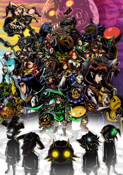 6+boys 6+girls absurdres anju_(zelda) bag bandages blank_eyes blonde_hair blue_hair brown_hair captain_keeta commentary covered_face cremia cursed_rich_man_(zelda) darmani deku_butler deku_butler's_son deku_link deku_princess dress english_commentary everyone father_and_daughter fierce_deity_mask floating glowing glowing_eyes goht gorman gorman_brothers goron goron_elder goron_elder's_son goron_link great_fairy_(zelda) grin grog_(zelda) guru-guru gyorg happy_mask_salesman hat high_contrast highres hungry_goron kafei kamaro keaton_mask link long_hair looking_afar looking_at_viewer lulu_(zelda) madame_aroma majora_(entity) making-of_available man_from_the_curiosity_shop mask medium_hair mikau monkey moon moon_(zelda) moon_children multiple_boys multiple_girls nintendo odolwa old_lady_from_bomb_shop_(zelda) onofre_wayne overalls pamela's_father pamela_(zelda) pitchfork pointy_ears postman_(zelda) red_hair romani_(zelda) rosa_sisters serious shirt short_hair shorts siblings sisters skeleton skull_kid smile soldier standing tael tatl teeth the_legend_of_zelda the_legend_of_zelda:_majora's_mask tingle tower triplets tunic twin_jugglers twinmold twins young_link zora zora_link