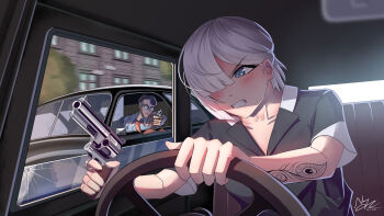 1boy 1girl aiming angry arm_tattoo blue_eyes blush building bullet_hole car car_interior chasing clenched_teeth closed_mouth collarbone collared_shirt commentary day dress_shirt driving english_commentary finger_on_trigger glasses grey_shirt gun hair_over_one_eye handgun holding holding_gun holding_weapon kaungmyat_naing looking_to_the_side motion_blur motor_vehicle necktie one_eye_covered opaque_glasses open_window original rear-view_mirror red_necktie revolver round_eyewear seat shirt short_hair short_sleeves signature sitting steering_wheel tattoo teeth tree two-tone_shirt vehicle_chase vengeance weapon white_hair window windshield