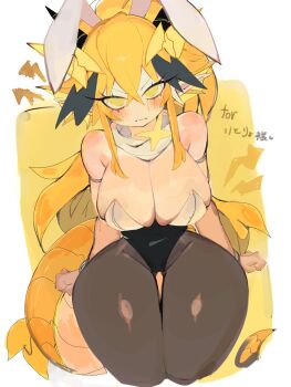 Rule 34 | 1girl, animal ears, black pantyhose, blonde hair, breasts, cleavage, crossed bangs, dragon girl, dragon horns, dragon tail, dragon wings, hair between eyes, hair ornament, highres, horns, large breasts, lightning bolt, lightning bolt hair ornament, lightning bolt symbol, long hair, pantyhose, playboy bunny, pointy ears, rabbit ears, raisei no ryuu tsukai, san-chan, tail, thigh gap, usa37107692, wings, yellow eyes