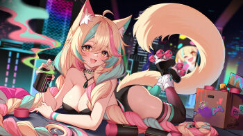 1girl absurdres ahoge animal_ear_fluff aqua_hair aqua_thighhighs black_leotard black_thighhighs blonde_hair blue_nails braid breasts cake_cat_(vtuber) cat_girl cleavage commentary commission english_commentary fang gradient_thighhighs highres holding holding_spray_can indie_virtual_youtuber jewelry leotard lying multicolored_hair necklace on_stomach open_mouth paintbrush pink_hair pink_thighhighs roller_skates sakotach skates spray_can streaked_hair tail thighhighs twin_braids virtual_youtuber