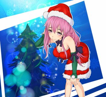 1girl alternate_eyebrows bare_shoulders black_bow blue_background bow breasts christmas christmas_tree cleavage closed_mouth commentary_request detached_sleeves dress feet_out_of_frame fur-trimmed_dress fur-trimmed_headwear fur_trim green_sleeves hair_between_eyes hand_up hanging_breasts hat large_breasts leaning_forward light_blush long_bangs long_hair looking_at_viewer medium_dress meigo_arisa mismatched_eyebrows pink_eyes pink_hair red_dress red_hat santa_costume santa_dress santa_hat shin_(highest1192) sleeves_past_wrists smile snowflakes solo sozaiyamimi standing toaru_majutsu_no_index toaru_majutsu_no_index:_endymion_no_kiseki