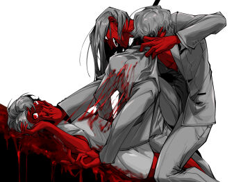 2boys advanced_nurturing_high_school_uniform ayanokouji_kiyotaka blazer blood blood_on_clothes blood_string bloody_tears collared_shirt colored_skin crying crying_with_eyes_open dual_persona hand_on_another&#039;s_face hand_up highres jacket long_sleeves looking_at_another looking_up male_focus monochrome multiple_boys open_mouth pants pectoral_cleavage pectorals red_eyes red_skin ryuuen_kakeru school_uniform shirt short_hair short_sleeves smile tears white_background wing_collar yizhongziwei youkoso_jitsuryoku_shijou_shugi_no_kyoushitsu_e