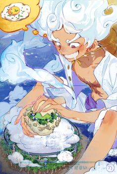 1boy alternate_form bird blush fried_egg gear_fifth giant hagoromo hat highres male_focus monkey_d._luffy one_piece pink_eyes purple_sash sample_watermark sash scar scar_on_face shawl shirt shorts sitting siyangou49 solo straw_hat thick_eyebrows watermark white_hair white_shirt white_shorts