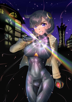 1girl absurdres aged_up black_bodysuit black_gloves black_hair bodysuit bodysuit_under_clothes breasts brown_jacket commentary_request cowboy_shot cowlick dark-skinned_female dark_skin emma_(pokemon) gars2233 gloves glowing hair_between_eyes hair_ornament highres holding holding_poke_ball jacket large_breasts latex latex_bodysuit long_sleeves looking_at_viewer lumiose_city mega_stone night nintendo open_clothes open_jacket orange_gloves outdoors parted_lips poke_ball poke_ball_(basic) pokemon pokemon_(creature) pokemon_legends:_z-a prism_tower purple_eyes short_hair sidelocks smile solo standing swept_bangs thigh_gap two-tone_gloves