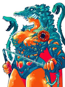 1girl biollante breasts commentary extra_mouth godzilla_(series) godzilla_vs._biollante highres humanization jaws kaiju large_breasts long_hair manabu_yashiro mask monochrome monster monster_girl open_mouth personification plant_monster simple_background solo teeth toho upper_body