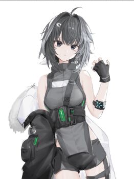 1girl ahoge arknights bare_shoulders black_eyes black_gloves black_hair black_shorts breasts cowboy_shot expressionless fingerless_gloves gloves hair_ornament hairclip hand_up highres infection_monitor_(arknights) jagaimo_(fkpx3827) la_pluma_(arknights) looking_at_viewer parted_lips shorts simple_background single_fingerless_glove solo white_background