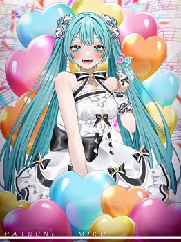 1girl 39 :d absurdres aqua_eyes aqua_hair aqua_nails balloon bare_shoulders black_bow blush bow bowtie breasts brooch commentary dot_nose dress dress_bow finger_bow frilled_dress frilled_wrist_cuffs frills hair_between_eyes hand_up happy hatsune_miku heart_balloon highres jewelry long_hair looking_at_viewer miku_day musical_note nail_polish open_mouth scrunchie small_breasts smile solo teeth treble_clef twintails vocaloid wanko_(yurika0320) white_dress white_scrunchie wrist_cuffs