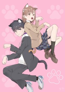 1boy 1girl a_certain_high_school_uniform absurdres animal_ears black_eyes black_hair black_jacket black_pants black_socks blazer brown_eyes brown_hair brown_jacket brown_shoes cat_ears cat_tail collared_shirt commentary_request hair_ornament hairpin highres hood hoodie jacket kamijou_touma kemonomimi_mode kneehighs loafers long_sleeves looking_at_viewer medium_hair misaka_mikoto pants paw_pose pink_background plaid_clothes plaid_skirt rakko_yumiya school_uniform shirt shoes short_hair skirt socks spiked_hair sweatdrop tail toaru_kagaku_no_railgun toaru_majutsu_no_index tokiwadai_school_uniform white_hoodie white_shirt white_shoes winter_uniform