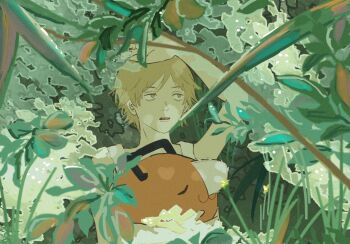 1boy :3 blonde_hair chainsaw_man closed_eyes creature denji_(chainsaw_man) grass hand_on_own_head highres leaf male_focus open_mouth outdoors parted_bangs plant pochita_(chainsaw_man) short_hair sketch tank_top uni_(uni_unico) upper_body white_tank_top yellow_eyes