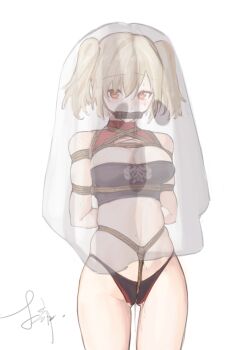 1girl absurdres arms_behind_back bdsm bit_gag black_panties blonde_hair bondage bound box_tie breasts brown_eyes burnice_white cleavage crotch_rope detached_collar dongyunqing drooling gag gagged ghost_costume gluteal_fold groin halloween_costume happy_halloween highres long_hair looking_at_viewer medium_hair open_mouth panties pussy_juice shibari shibari_over_clothes skindentation standing stomach strapless sweatdrop teeth thigh_gap thighs tube_top twintails underwear white_background x-ray zenless_zone_zero