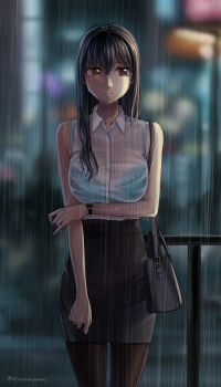 1girl absurdres bag black_hair black_skirt blue_bra bra bra_peek bra_visible_through_clothes breasts commentary_request commission handbag highres large_breasts long_hair night office_lady original pencil_skirt pixiv_commission rain see-through_clothes see-through_shirt setu_kurokawa shirt skirt sleeveless solo standing underwear wet wet_clothes wet_shirt white_shirt