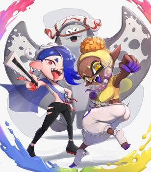 2girls :d absurdres ass bandages big_man_(splatoon) black_footwear black_pants blonde_hair blue_hair chest_sarashi clenched_hands commentary_request dark-skinned_female dark_skin fangs frye_(deep_cut_outfit)_(splatoon) frye_(splatoon) gluteal_fold gonzarez grey_background highres holding inkling leggings looking_at_viewer manta_ray midriff multiple_girls navel nintendo octoling open_mouth pants red_eyes sarashi shawl shirt shiver_(deep_cut_outfit)_(splatoon) shiver_(splatoon) shoes short_hair simple_background sleeveless sleeveless_shirt smile splatoon_(series) splatoon_3 stomach strapless tentacle_hair thighs tongue tongue_out tube_top white_pants yellow_eyes yellow_shirt