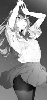 1girl absurdres arms_up bow bowtie character_request commentary copyright_request cowboy_shot expressionless floating_hair from_side greyscale hair_between_eyes highres keyyan long_bangs long_hair looking_up monochrome pantyhose parted_lips pleated_skirt rain school_uniform shirt short_sleeves skirt solo standing water_drop wet wet_clothes wet_shirt