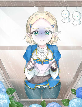 1girl black_pants blonde_hair blue_shirt braid brown_gloves closed_mouth commentary_request crown_braid fingerless_gloves flower gloves gold_trim green_eyes highres holding holding_panties holding_underwear holding_unworn_clothes hydrangea looking_at_viewer nintendo panties pants pink_panties pointy_ears princess_zelda rain shirt short_hair smile solo sweat teruterubouzu the_legend_of_zelda the_legend_of_zelda:_tears_of_the_kingdom turn_pale underwear wasabi_(legemd) window