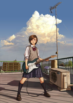 1girl absurdres air_conditioner antenna_mast black_socks bow brown_eyes brown_hair brown_shoes cloud collared_shirt electric_guitar fender_stratocaster full_body guitar highres instrument kneehighs legs_apart lips loafers looking_at_viewer music on_roof original otsu_natsu outdoors plaid_clothes plaid_skirt playing_instrument pleated_skirt plectrum radio_antenna railing rooftop school_uniform shadow shirt shoes short_hair skirt sky sleeves_rolled_up socks solo standing sunlight sweater_vest swept_bangs