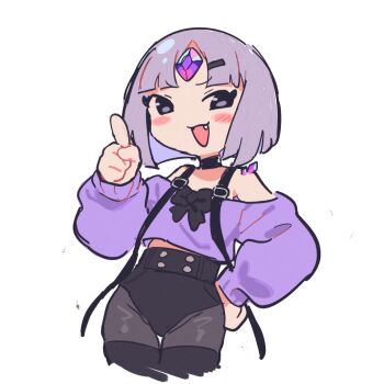 1other :d androgynous bare_shoulders black_bow black_bowtie black_choker black_eyes black_shorts blunt_bangs blush bob_cut bow bowtie choker cowboy_shot fang forehead_jewel gem grey_hair grey_pantyhose hand_on_own_hip high-waist_shorts highres hololive hololive_english long_sleeves off-shoulder_sweater off_shoulder open_mouth pantyhose pebble_(koseki_bijou) personification pointing purple_gemstone purple_sweater sakanafune short_hair shorts simple_background smile solo strap sweater virtual_youtuber white_background