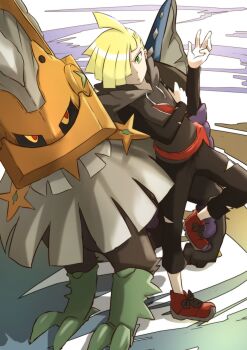 1boy bad_id bad_pixiv_id blonde_hair gen_7_pokemon gladion_(pokemon) green_eyes hair_over_one_eye highres hood hoodie legendary_pokemon nintendo pants pokemon pokemon_(creature) pokemon_sm short_hair torn_clothes type:_null