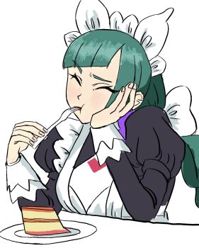 1girl apron blunt_bangs bow bowtie braid braided_ponytail breasts cake cake_slice closed_eyes food fork green_hair head_rest highres holding holding_fork juliet_sleeves lebanne_(pokemon) lian_(nerineridaco) long_hair long_sleeves maid maid_apron maid_headdress medium_breasts nintendo pink_lips pokemon pokemon_legends:_z-a puffy_sleeves solo upper_body utensil_in_mouth white_bow white_bowtie