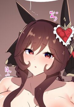 Rule 34 | 1girl, animal ears, bare shoulders, black ribbon, braid, braided hair rings, breasts, brown background, brown hair, cleavage, collarbone, ear ornament, gentildonna (umamusume), hair ribbon, hair rings, highres, horse ears, horse girl, image sample, large breasts, long hair, npchanera1, open mouth, red eyes, ribbon, sidelocks, simple background, solo, umamusume
