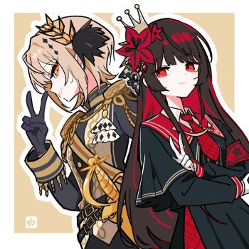 2girls ahoge black_gloves black_hair black_jacket black_skirt blonde_hair closed_mouth collared_shirt crown epaulettes flower gloves grin hair_flower hair_ornament hasumi_leia highres jacket long_hair long_sidelocks long_sleeves looking_at_another looking_at_viewer mahou_shoujo_no_majo_saiban multiple_girls necktie nikaido_hiro own_hands_together red_eyes red_flower red_necktie shirt short_hair sidelocks simple_background skirt smile standing sword tsurime v waipiiy weapon white_gloves white_shirt