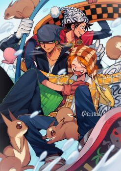 1girl 2boys alternate_costume animal backpack bag bandana black_bandana black_hair black_jacket black_pants blue_pants blush brown_gloves checkered_clothes closed_eyes collarbone collared_shirt commentary devil_fruit_power earrings elasticity english_commentary gloves green_hair haramaki hat highres jacket jewelry jolly_roger ki2ri5 monkey_d._luffy multiple_boys nami_(one_piece) one_piece open_mouth orange_hair pants parted_lips pink_gloves pom_pom_(clothes) red_shirt roronoa_zoro shirt short_hair smile snow snowboard snowboarding straw_hat_pirates extendable_limbs twitter_username white_gloves
