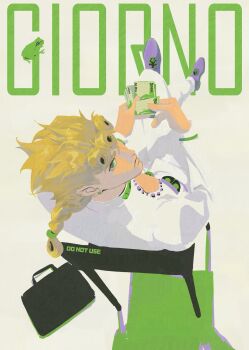 1boy abanovo bag banknote blonde_hair braid braided_ponytail briefcase chair character_name cleavage_cutout closed_mouth clothing_cutout crossed_legs earrings frog from_above full_body giorno_giovanna green_eyes high_collar highres holding holding_money jacket jewelry jojo_no_kimyou_na_bouken ladybug_ornament long_hair long_sleeves looking_at_viewer looking_back male_focus money pants purple_shoes shoes sitting solo suitcase vento_aureo white_jacket white_pants