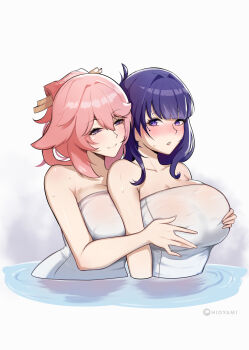 2girls absurdres animal_ears blush breasts closed_mouth fox_ears genshin_impact hair_ornament higher_resolution_available highres hioyami large_breasts long_hair mole mole_under_eye multiple_girls naked_towel paid_reward_available parted_lips partially_submerged patreon_username pink_hair purple_eyes purple_hair raiden_shogun simple_background smile towel water white_background yae_miko yuri