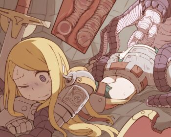 1girl anal anal_object_insertion armor armored_dress asymmetrical_bangs bad_end bdsm belt blonde_hair blue_eyes blush bondage bound butt_crack cross-section defeat double_penetration dress egg egg_laying etrian_odyssey faulds female_focus female_knight gauntlets grimace impregnation interspecies knight long_hair lying midriff monster multiple_penetration navel nns_(sobchan) object_insertion on_stomach one_eye_closed ovipositor paladin paladin_(sekaiju) paladin_2_(sekaiju) parted_bangs rape restrained shield slime_(substance) solo spread_legs sweat sword tentacle_sex tentacles thighs vaginal vaginal_object_insertion weapon wince x-ray