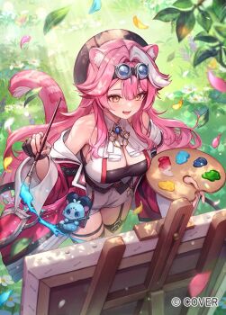 1girl animal_ears artist_glove ascot beret black_corset black_gloves black_hat black_tube_top breasts brooch canvas_(object) chattino_(raora_panthera) cleavage collared_halterneck commentary_request company_name copyright_notice corset easel falling_leaves falling_petals field fingernails flower flower_field from_above garter_straps gloves goggles goggles_on_head hair_between_eyes hair_intakes hat holding holding_paint_palette holding_paintbrush hololive hololive_english jacket jewelry large_breasts leaf long_hair long_sleeves multicolored_hair nib_pen_(object) official_art open_clothes open_jacket open_mouth outdoors paint_palette paintbrush painting_(action) panther_ears panther_tail partially_fingerless_gloves pbj_(gelgelpbj) pen petals pink_hair pink_jacket raora_panthera raora_panthera_(1st_costume) ring short_shorts shorts single_garter_strap sleeve_belt smile solo strapless streaked_hair tail thighhighs tube_top vest virtual_youtuber white_ascot white_hair white_shorts white_thighhighs white_vest yellow_eyes