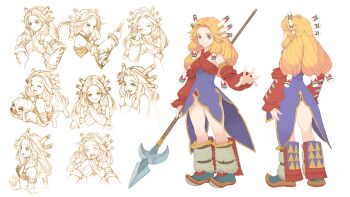 1girl back blonde_hair boots closed_eyes coattails detached_sleeves expressionless fringe_trim haccan hair_tubes hand_to_own_mouth happy highres holding holding_polearm holding_pumpkin holding_weapon imu_(lom) jack-o&#039;-lantern legend_of_mana long_hair looking_at_viewer multiple_views non-web_source official_art open_mouth pointy_boots polearm pumpkin reference_sheet sad seiken_densetsu smile spear standing surprised tears turnaround weapon wince wiping_tears