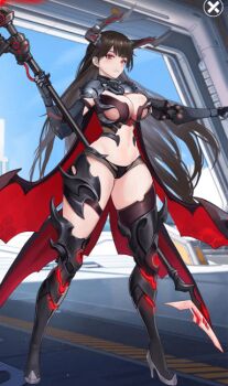 1girl adrien_(idle_epic_angle_of_fate) animated animated_gif armor bikini bikini_armor black_bikini breasts cleavage clothing_cutout full_body holding holding_behind_back holding_scythe holding_weapon idle_epic_angle_of_fate large_breasts live2d long_hair non-web_source scythe swimsuit weapon