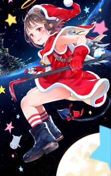 1boy 1girl :d artist_self-insert bell bleeding blood blush boots brown_hair christmas crowbar demon_tail earth_(planet) fake_halo fake_horns floating gloves gomennasai halo hat highres holding holding_crowbar horns jetpack looking_at_viewer moon open_mouth original panties panty_peek planet red_eyes santa_costume santa_hat smile space star_(sky) star_(symbol) tail underwear white_panties zangyaku-san