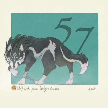 animal animal_ear_piercing aqua_background border chain character_name commentary copyright_name english_commentary highres link looking_at_viewer nintendo outside_border the_legend_of_zelda the_legend_of_zelda:_twilight_princess wolf wolf_link yangyaozigo