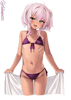 1girl :d bare_arms bare_shoulders bikini collarbone comandante_cappellini_(kancolle) commentary_request ebifurya fang front-tie_top groin hair_between_eyes head_tilt highres holding holding_towel kantai_collection long_hair looking_at_viewer multicolored_hair navel one-hour_drawing_challenge open_mouth pink_hair purple_bikini ribs side-tie_bikini_bottom smile solo streaked_hair swimsuit tan towel twintails twitter_username yellow_eyes