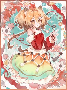 1girl absurdres animal_ear_fluff animal_ears bare_shoulders blonde_hair blue_background blush braid commission cowboy_shot cyano detached_sleeves frilled_skirt frills hands_up highres holding holding_scissors leaf long_hair long_sleeves multicolored_skirt open_mouth orange_eyes original red_sleeves scissors shirt single_braid skirt sleeveless sleeveless_shirt solo watermark white_shirt