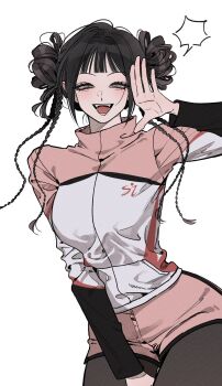 1girl between_legs black_hair blush braid commentary_request cowboy_shot double_bun fangs hair_bun half-closed_eyes hand_between_legs highres hye_xa korean_commentary looking_at_viewer original pantyhose shorts solo speech_bubble sportswear white_background