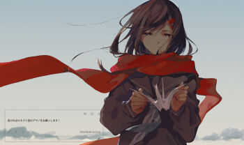 1girl black_hair black_sailor_collar black_serafuku blue_sky closed_mouth cloud commentary_request fuyuki_eru hair_between_eyes hair_ornament hairclip highres holding kagerou_project long_sleeves neckerchief origami outdoors paper_crane red_scarf sailor_collar scarf school_uniform serafuku sky solo tateyama_ayano translation_request upper_body white_neckerchief