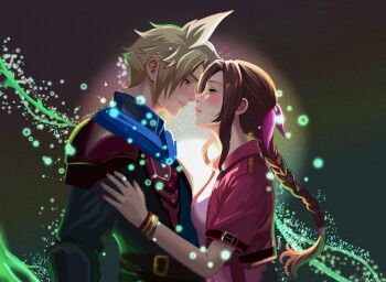 1boy 1girl aerith_gainsborough ahleckss aqua_eyes armor artist_name bangle black_shirt blue_cloak blush bracelet braid braided_ponytail breasts cloak cloud_strife cloud_strife_(alphreid_costume) couple cropped_jacket dress final_fantasy final_fantasy_vii final_fantasy_vii_rebirth final_fantasy_vii_remake green_eyes hair_ribbon hand_on_another's_arm hetero highres imminent_penetration jacket jewelry leather_armor lifestream long_hair medium_breasts official_alternate_costume parted_bangs parted_lips pink_dress pink_ribbon red_jacket ribbon shirt short_hair sidelocks single_braid spiked_hair suspenders vambraces