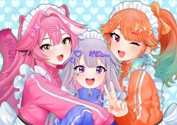 Rule 34 | 3girls, alternate costume, animal ears, blue jacket, blush, cat ears, cat girl, cat tail, colored inner hair, commentary, english commentary, fangs, ghosttbyun, gradient hair, green hair, grey hair, hair ornament, heart, heart hair ornament, highres, hololive, hololive english, jacket, jersey maid, jewel under eye, koseki bijou, long hair, looking at viewer, maid, maid headdress, multicolored hair, multiple girls, nail polish, one eye closed, orange hair, orange jacket, orange nails, pink hair, pink jacket, purple eyes, raora panthera, smile, tail, takanashi kiara, teeth, unconventional maid, upper teeth only, v, very long hair, virtual youtuber, white streaks, yellow eyes