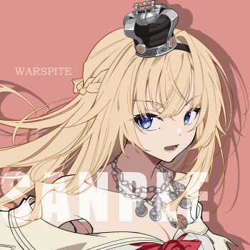 1girl absurdres armpits blonde_hair blue_eyes breasts cleavage commentary_request crown highres kantai_collection long_hair looking_to_the_side off_shoulder open_mouth overlord_m portrait red_ribbon ribbon simple_background smile solo teeth warspite_(kancolle)