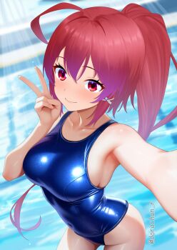 1girl ahoge blue_one-piece_swimsuit blush breasts covered_navel day dorachan_r hair_ornament hair_ribbon highres i-168_(kancolle) kantai_collection long_hair medium_breasts one-piece_swimsuit pink_hair ponytail pool red_eyes red_hair ribbon school_swimsuit selfie solo swimsuit twitter_username v water