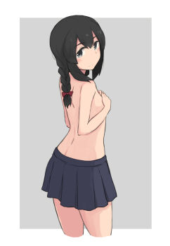 1girl back black_eyes black_hair blue_skirt blush border bow braid breasts commentary_request covering_breasts covering_privates cowboy_shot cropped_legs double-parted_bangs from_behind grey_background hair_between_eyes hair_bow isonami_(kancolle) kantai_collection kugui_kiyunemu long_hair looking_at_viewer low_twin_braids miniskirt outside_border pleated_skirt red_bow sidelocks simple_background skirt small_breasts smile solo topless_female turning_head twin_braids white_border